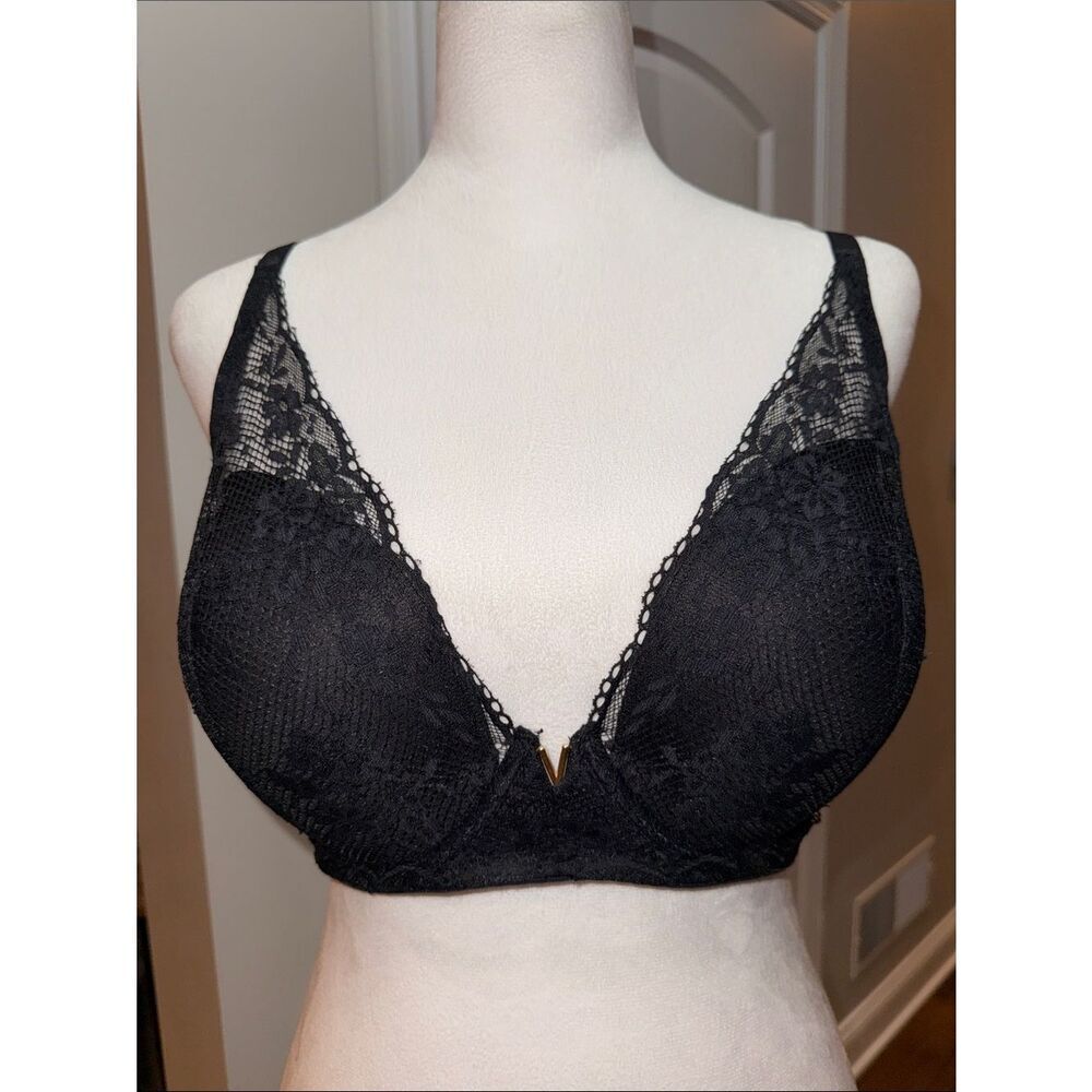Victoria's Secret Black Lace Plunge Bra with Gold V Detail